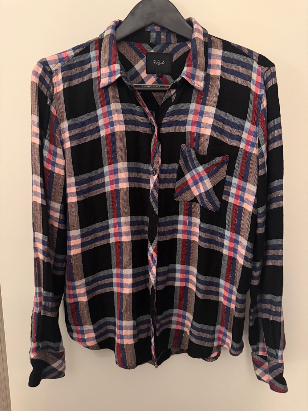 Rails Hunter Plaid Button Down Shirt Black Pink Blue Metallic Size Large